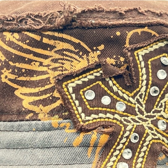 Leader Winged Cross Distressed Cadet Brown Embellished Cap - Picture 11 of 15